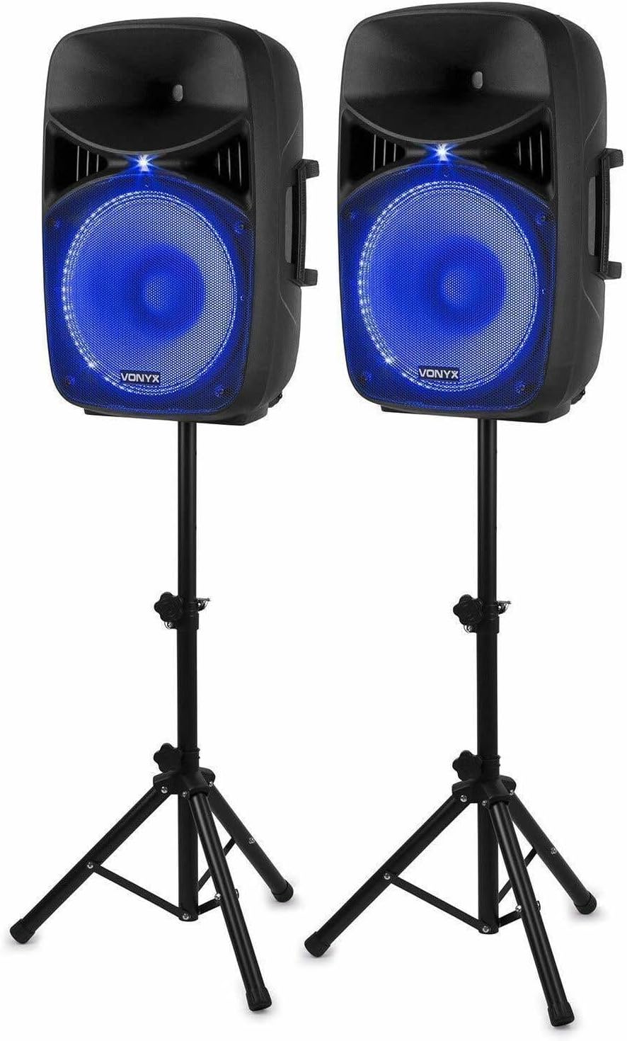 Vonyx VPS152A Altavoces autoamplificados Pack de 2 Altavoces Activo/Pasivo Bluetooth portátiles de 1000W, 15 Pulgadas, micrófono con Cable, Control Remoto, Trípodes, Reproductor MP3 con USB/SD, Leds