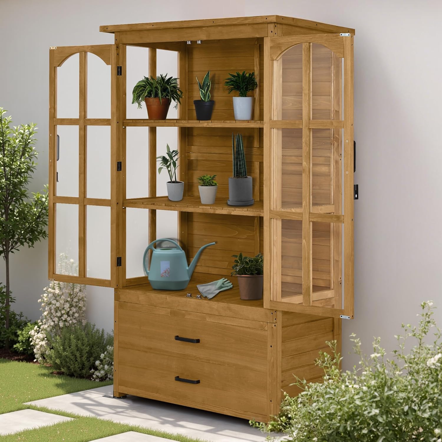 M MCombo Gartenschrank Gartenhaus Holz Wetterfest, Geräteschrank Gerätehaus Outdoor, für Außenbereich Balkon Terrasse, Gartenhütte mit 2 Bewegliche Regale, 58×107×180 cm, 1155 (Natur)
