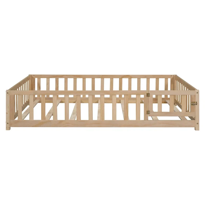 Kids' Full-Size Wooden Floor Bed with Fence and Door