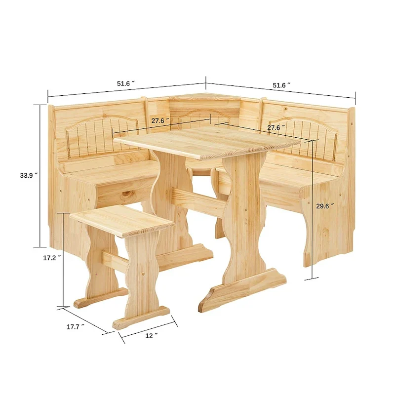 MUSEHOMEINC Classic 3-Piece Solid Wood Breakfast Nook Dining Set with Side Bench and Hidden Storage