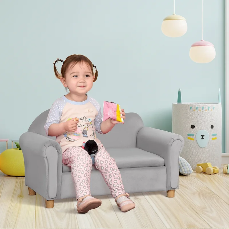 Qaba Kids Sofa with Wooden Armrests - Toddler Couch for Preschool and Kindergarten Rooms Featuring Hidden Storage