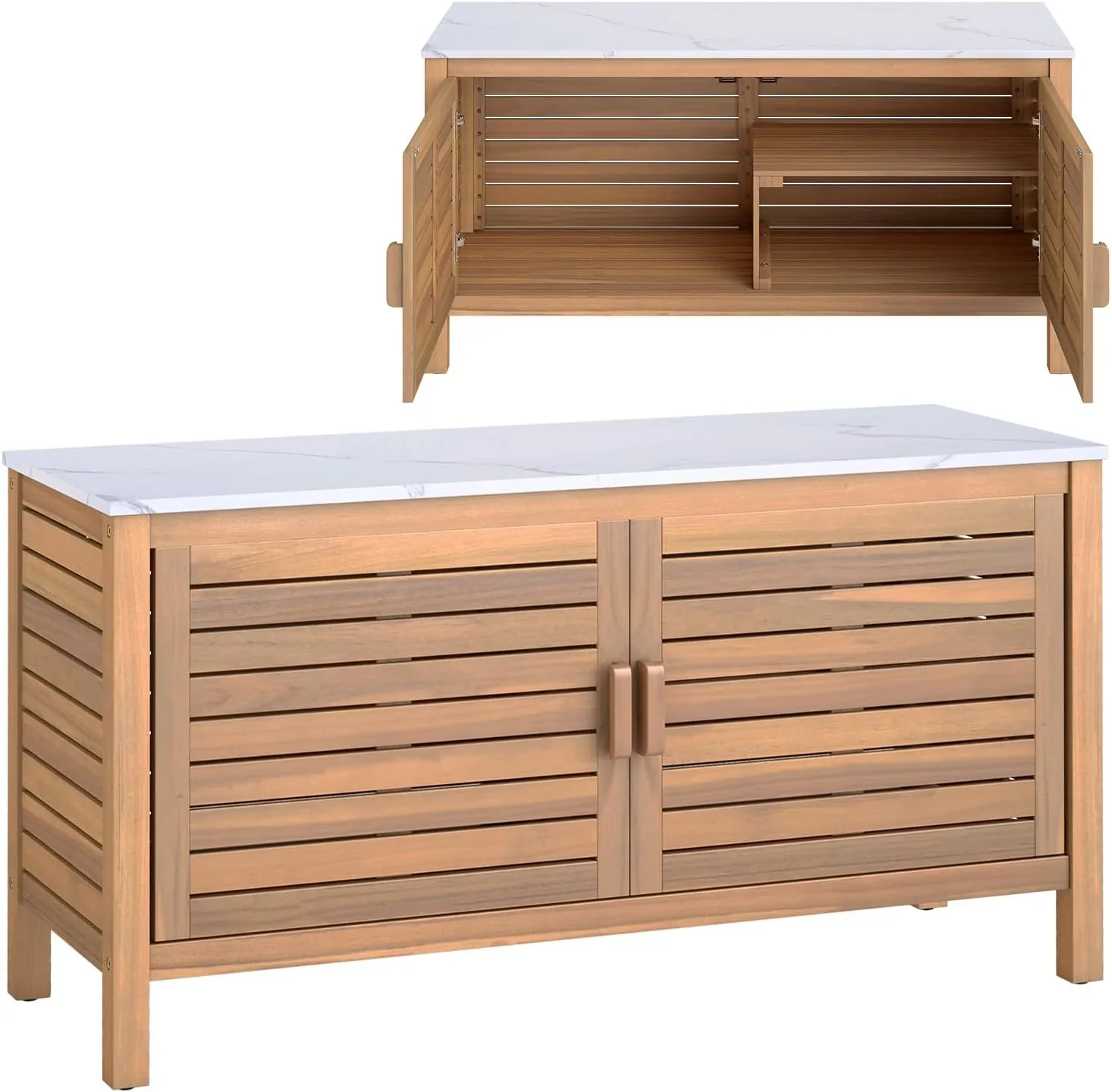 KOMFOTTEU Baúl de Jardín de Madera de Acacia, Caja de Almacenamiento con Doble Puerta y Tapa de Mármol Artificial, Arcón Exterior con Patas Ajustables, Contenedor Organizador para Patio