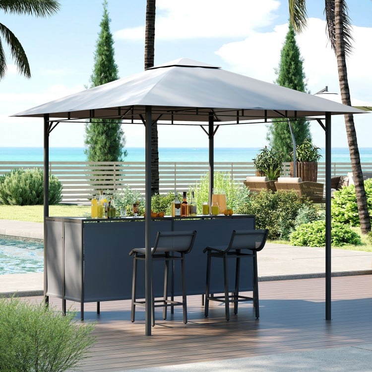 3-Piece Patio Bar Set 8 x 8 FT Double-Tier Grill Gazebo with 2 Bar Stools