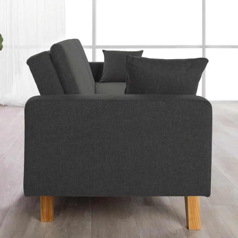 Don Descanso, Sofá Cama 3 plazas Reine, Tapizado en Tela, Sistema Apertura de Libro o Clic-clac, Medida sofá: 201x73x79 cm, Medida Cama: 201x99x42 cm, Incluye 2 Cojines, Gris Marengo