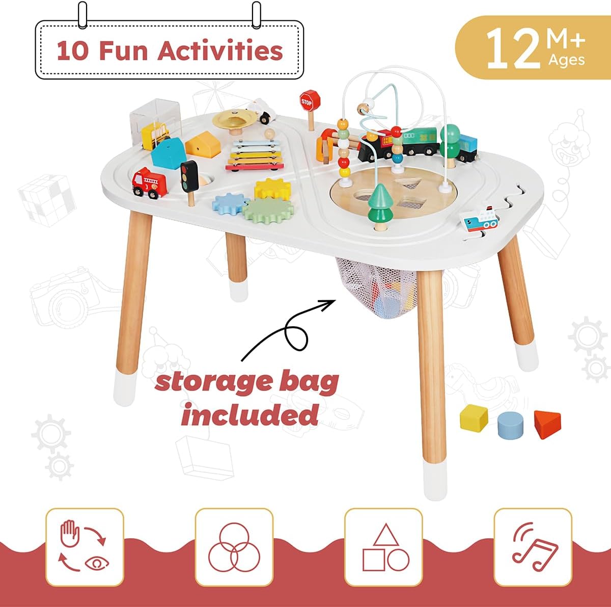 Touch Us Wooden Activity Table for Toddlers – Montessori Toy with Bead Mazes, Gears & Xylophone, Ages 12 Months+