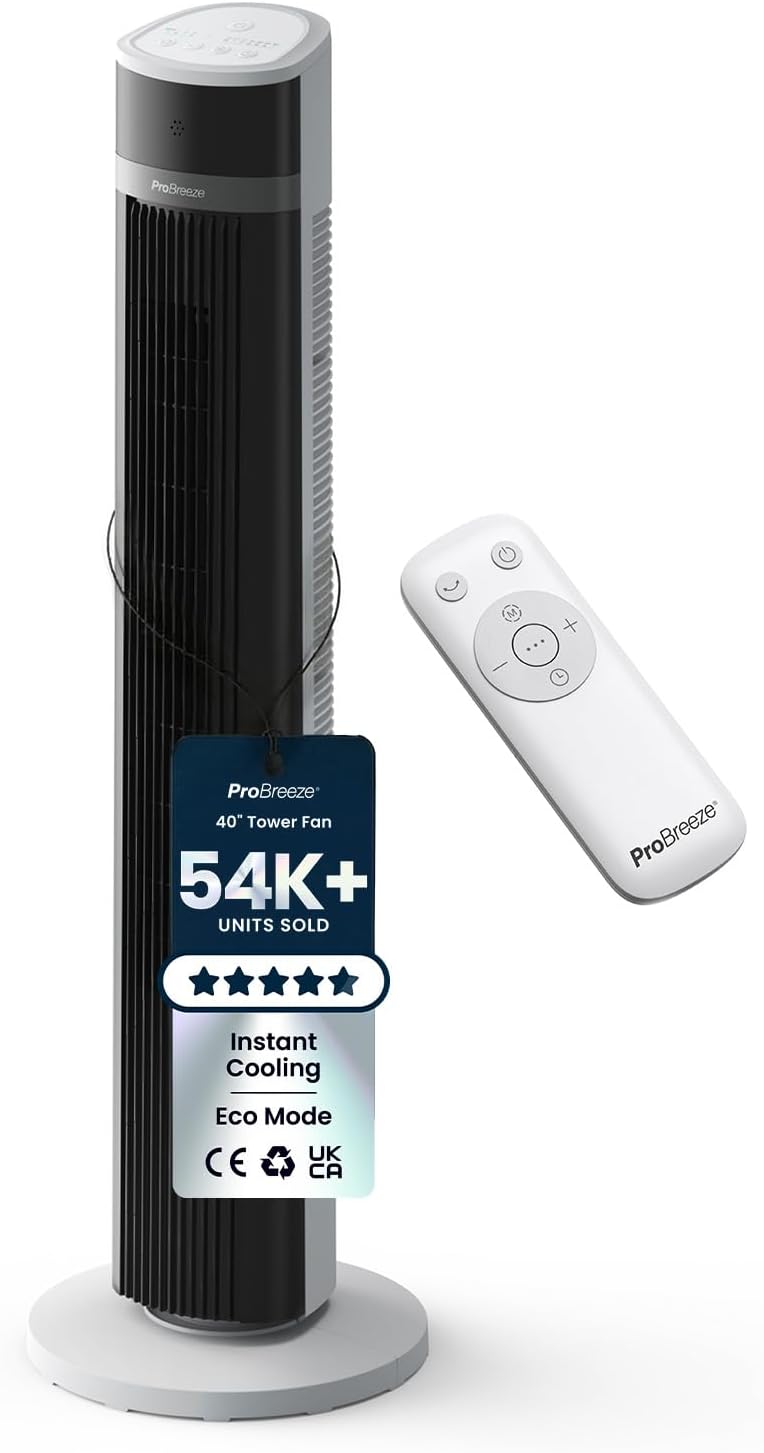 Pro Breeze 40-Inch Bladeless Tower Fan with Remote Control, Quiet 45W Motor, 90° Oscillation, 15H Timer, 4 Modes, 3 Speeds – Powerful & Portable Silent Standing Cooling Fan for Bedroom, Home, Office
