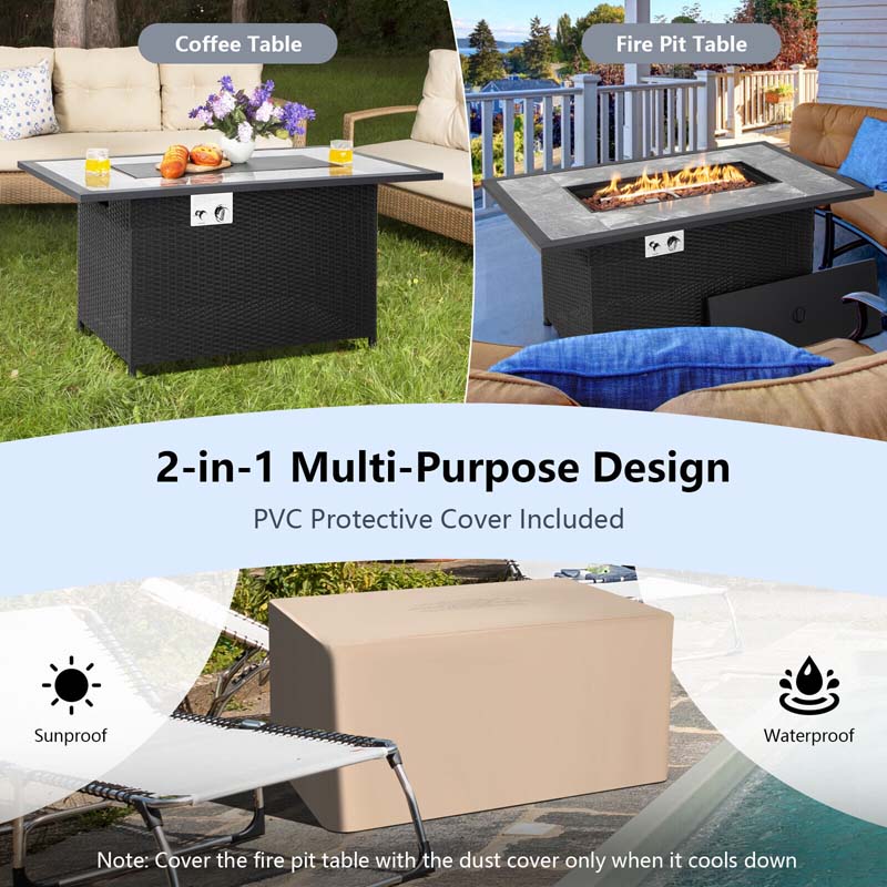 Eletriclife 52 Inch Rattan Wicker Propane Fire Pit Table with Cover and Lava Rock