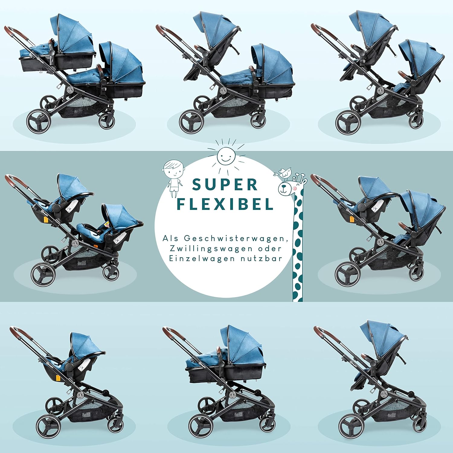 babyGO Kinderwagen 3 in 1 für Zwillinge - Geschwisterkinderwagen/Geschwisterwagen für Babys - Zwillingskinderwagen/Zwillingswagen für 2 Kinder mit viel Zubehör (Blau Melange-ohne Babyschale)
