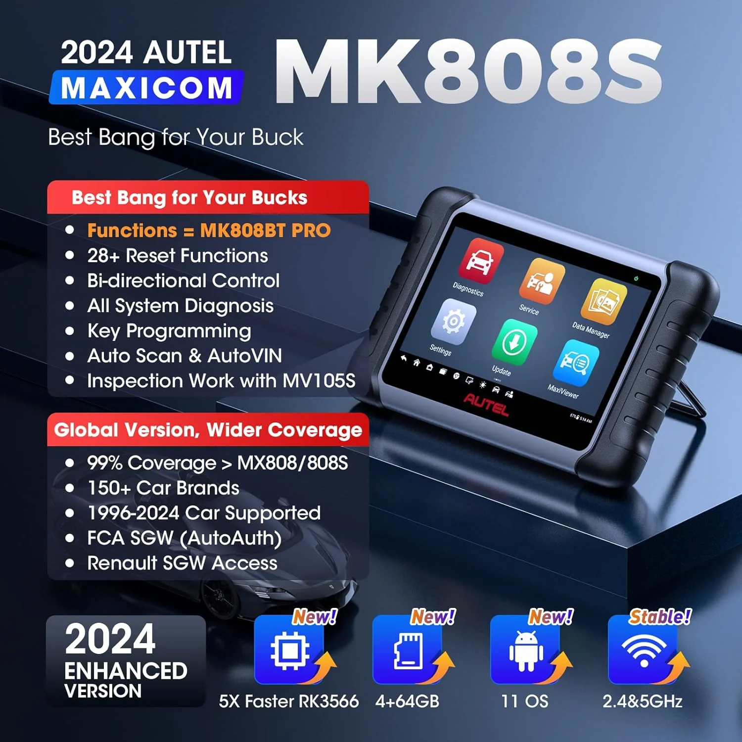 2024 Bidirectional Tool as MK808BT Pro MX808S M808Z, Function as MaxiCheck MX900, 28+ Service, Active Test, All System Diagnose, Injector Coding, FCA Autoauth Android 11