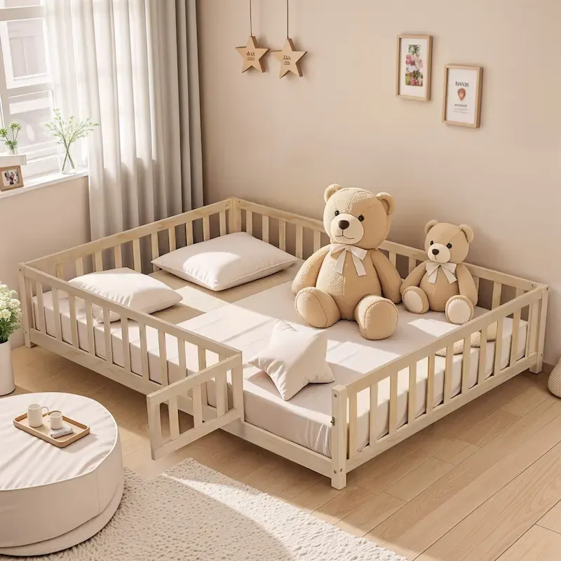 Kids' Full-Size Wooden Floor Bed with Fence and Door