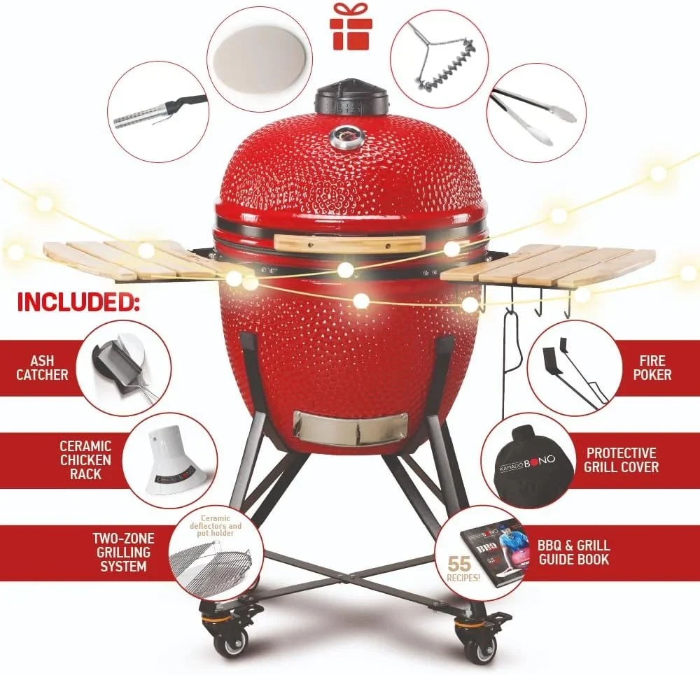 2026 Kamado BONO BBQ - Barbacoa Grande XXL con 10 accesorios - Ø 59 cm Kamado Barbacoa con Accesorios - Parrilla ahumador rojo en la terraza, balcón o jardín
