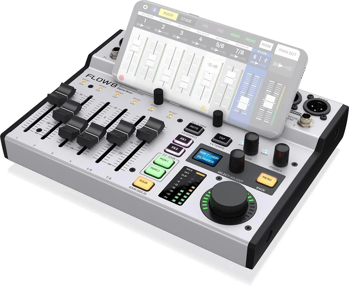 Behringer FLOW 8 digitale mixer met 8 ingangen en Bluetooth-audio en app-bediening, faders van 60 mm, 2 FX-processors en USB/audio-interface
