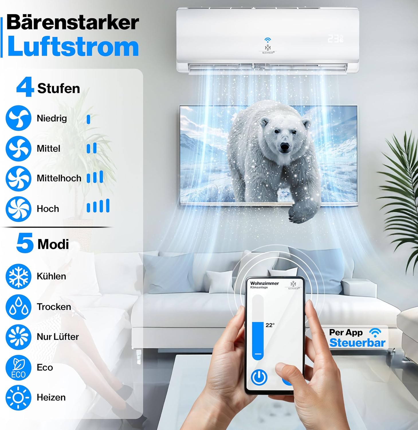 KESSER® Klimaanlage Set Split, WiFi/App Funktion Klimagerät, Kühlen A++/Heizen A+ -9000 BTU/h (2.600 W) sehr leise, Kältemittel R32, Fernbedienung, Timerfunktion, Montagematerial [Energieklasse A++]