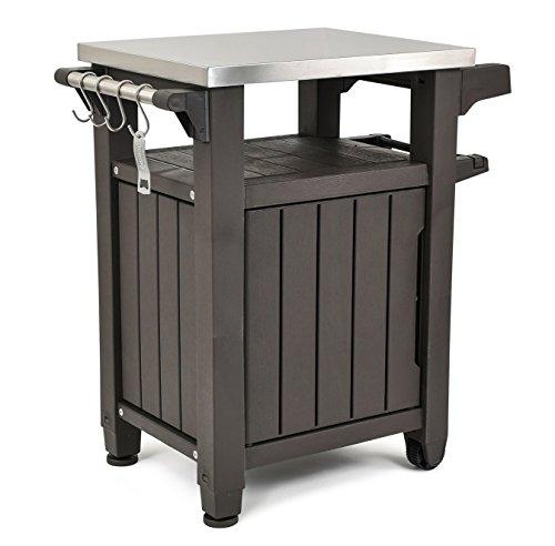 Keter Unity Tavolo portatile per esterni e armadietto con ganci per accessori per grigliate - Piano in acciaio inossidabile per isola da cucina o carrello bar, marrone espresso