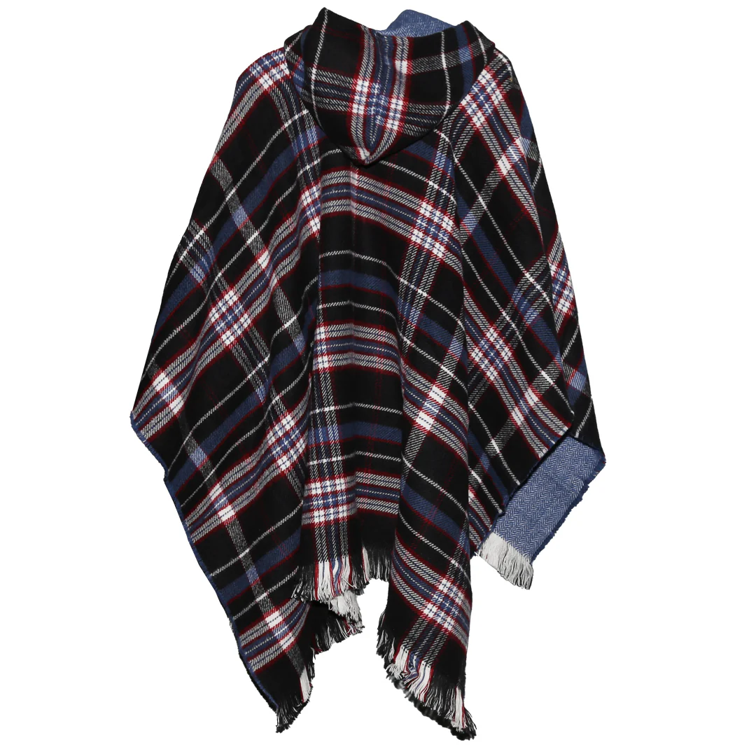 Tartan Poncho with Hood - Blue