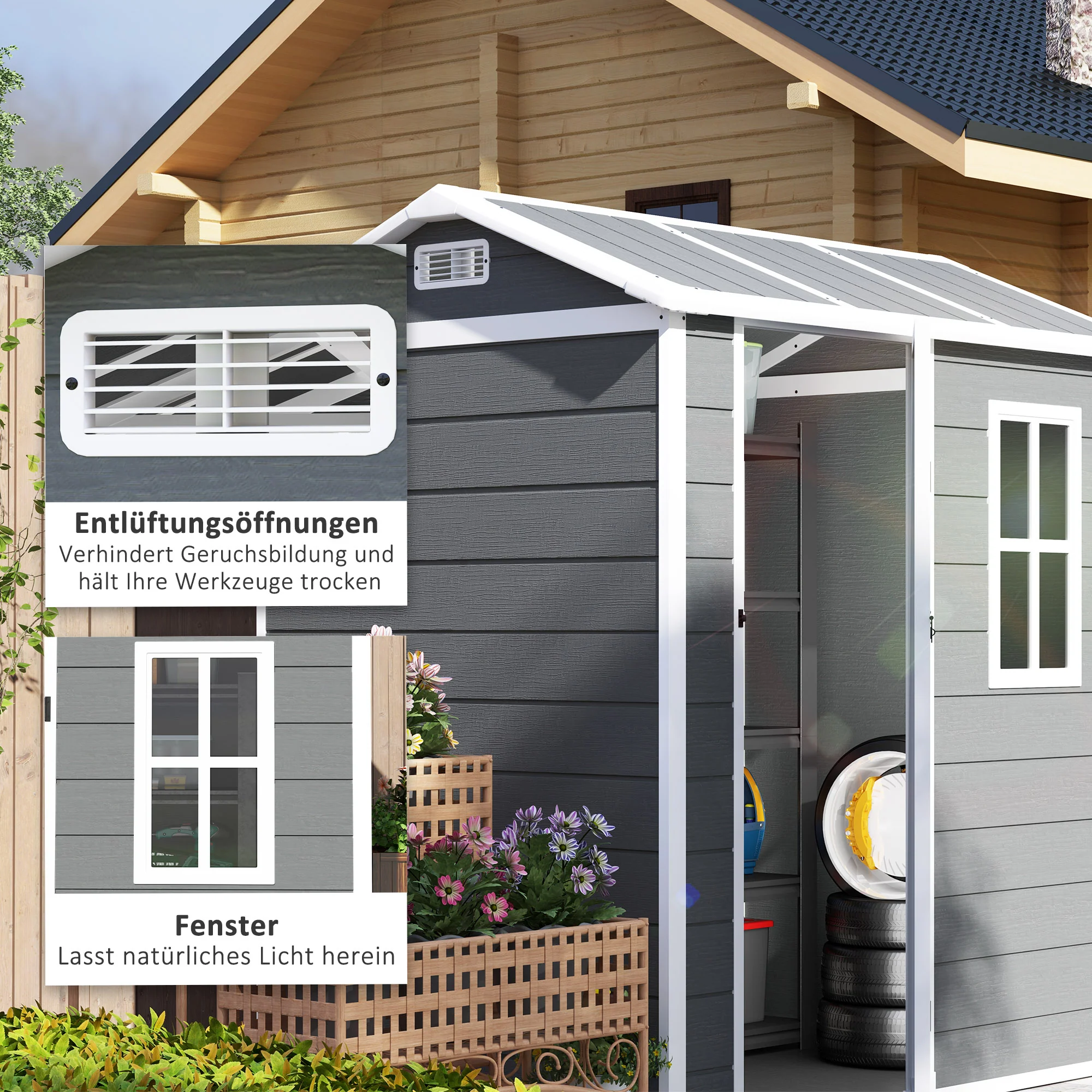 Outsunny Tuinhuis, Gereedschapsschuur met Bodem, Raam, Afsluitbare Deur, Kunststof-Harz, Weerbestendig, Grijs