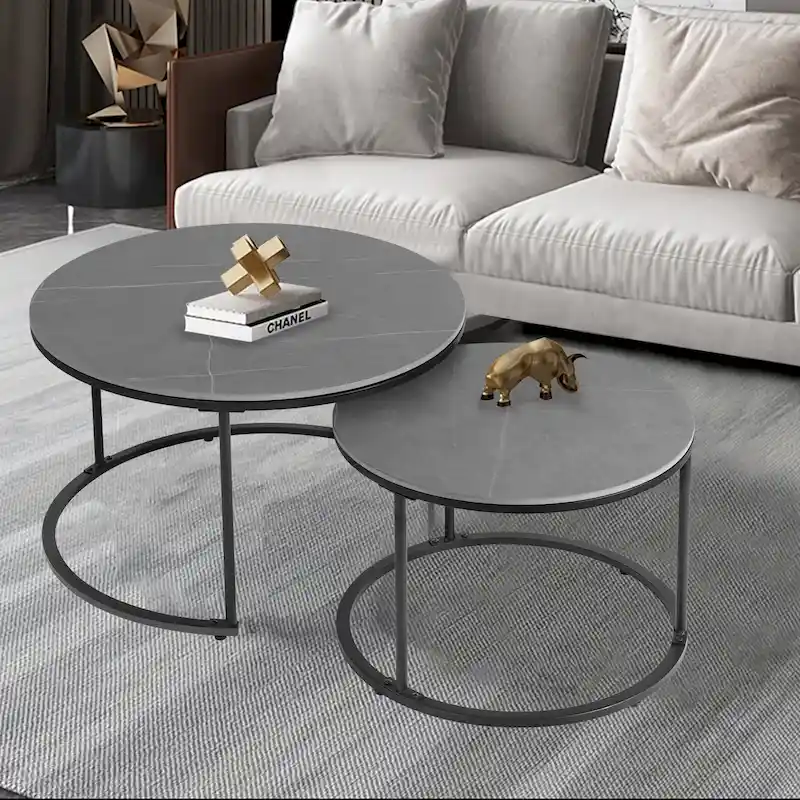 Round Sintered Stone Top Nesting Coffee Table with Black Metal Frame - 31.5 x 17.7 Inches
