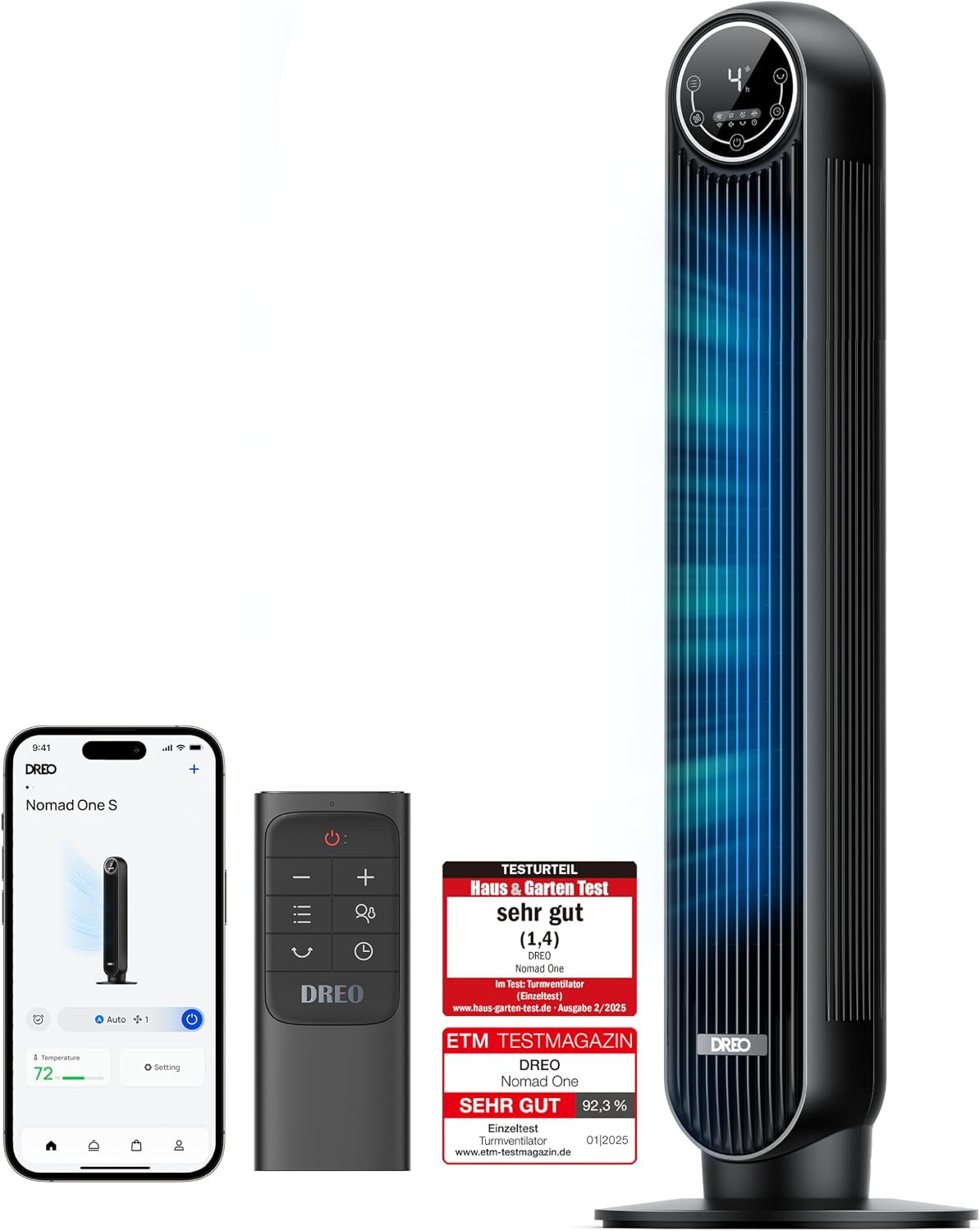 Dreo Turmventilator für Schlafzimmer, 7,6 m/s Geschwindigkeit, 28dB leiser Standventilator, 90° oszillierende Ventilator mit 4 Geschwindigkeiten, 4 Modi, 8 Std.Timer, Nomad One, Schwarz