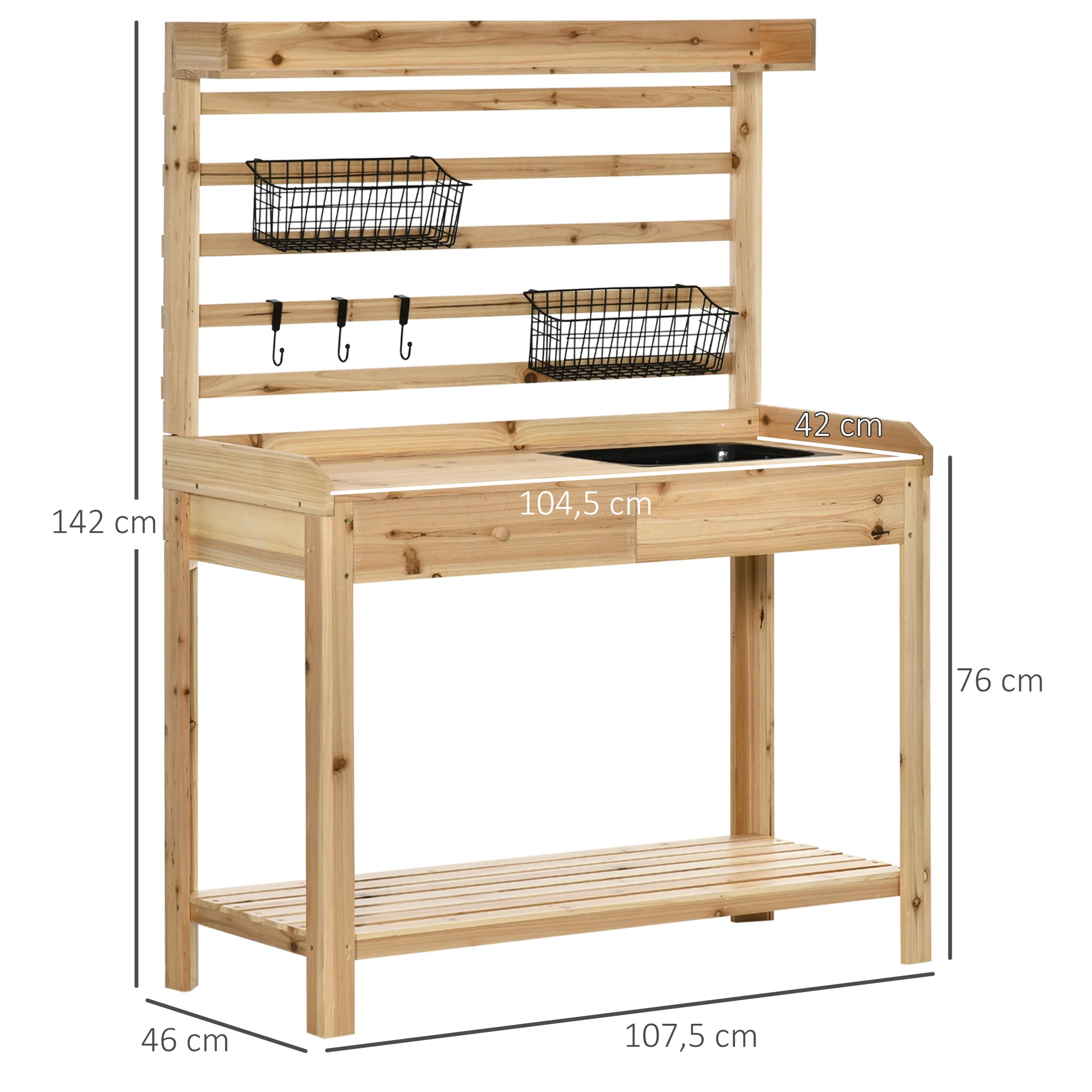 Outsunny Planttafel Tuintafel met Wastafel Houten Bloementafel met Ladehaak Mandplank Tuinterras Naturel 107,5 x 46 x 142 cm