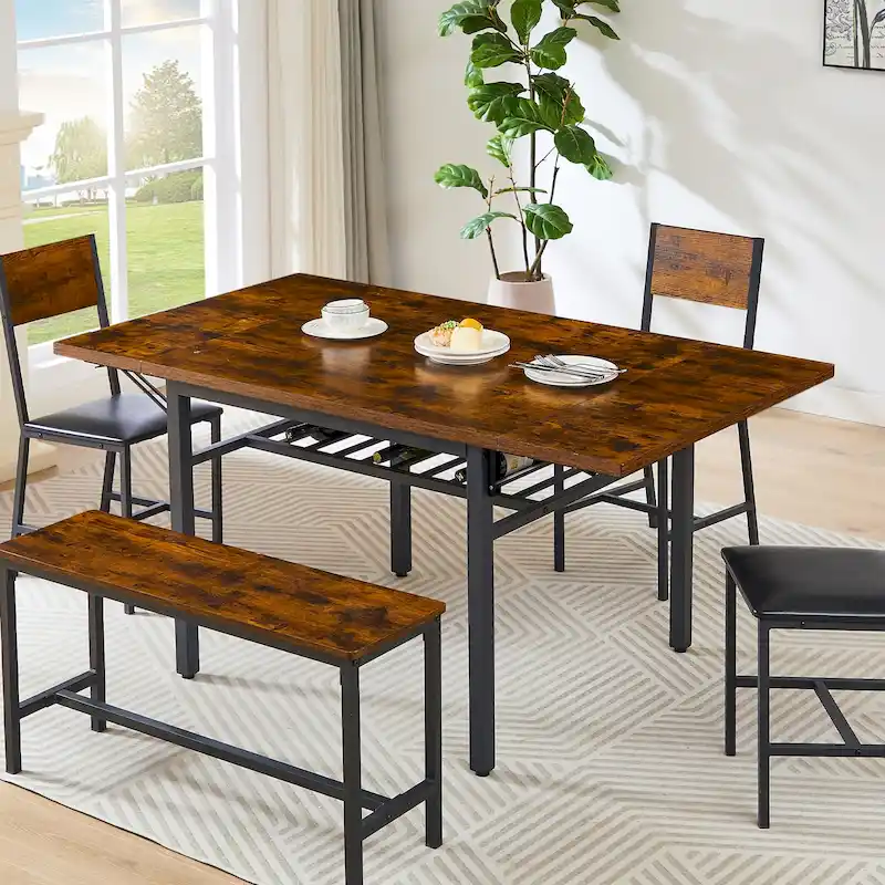 Extendable Drop Leaf Dining Table with Folding Sides and Metal Frame