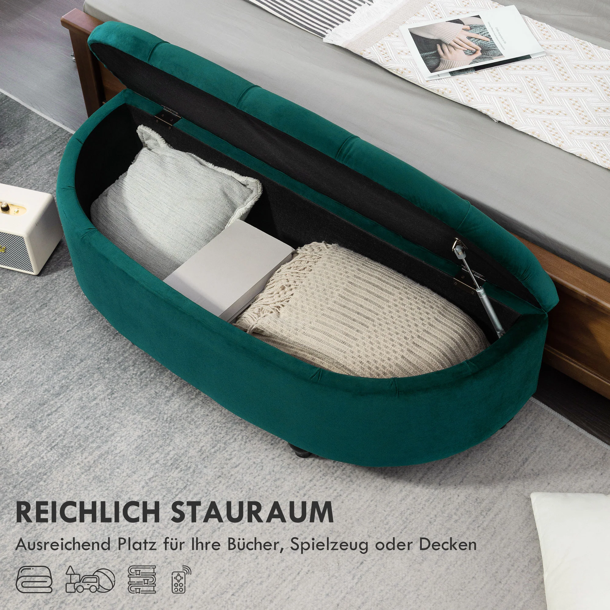 HOMCOM Kruk met Opbergruimte, 2-in-1 Poef, Gepolsterd, Fluwelen Bekleding, Hydraulische Dempers, 120 x 46 x 42 cm, Donkergroen