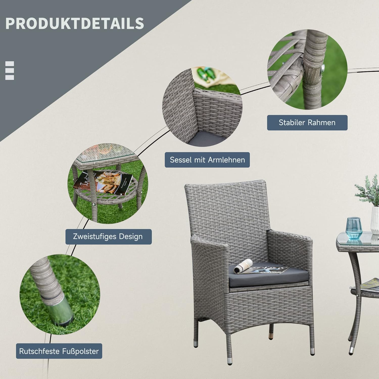 Outsunny Polyrattan Gartenmöbel Set, Outdoor Lounge Balkonmöbel für 2 Personen, 3-teilig Sitzgruppe, 2 Stühle, Tisch Sitzkissen, Gartenlounge für Garten, Terrasse, Balkon, Grau