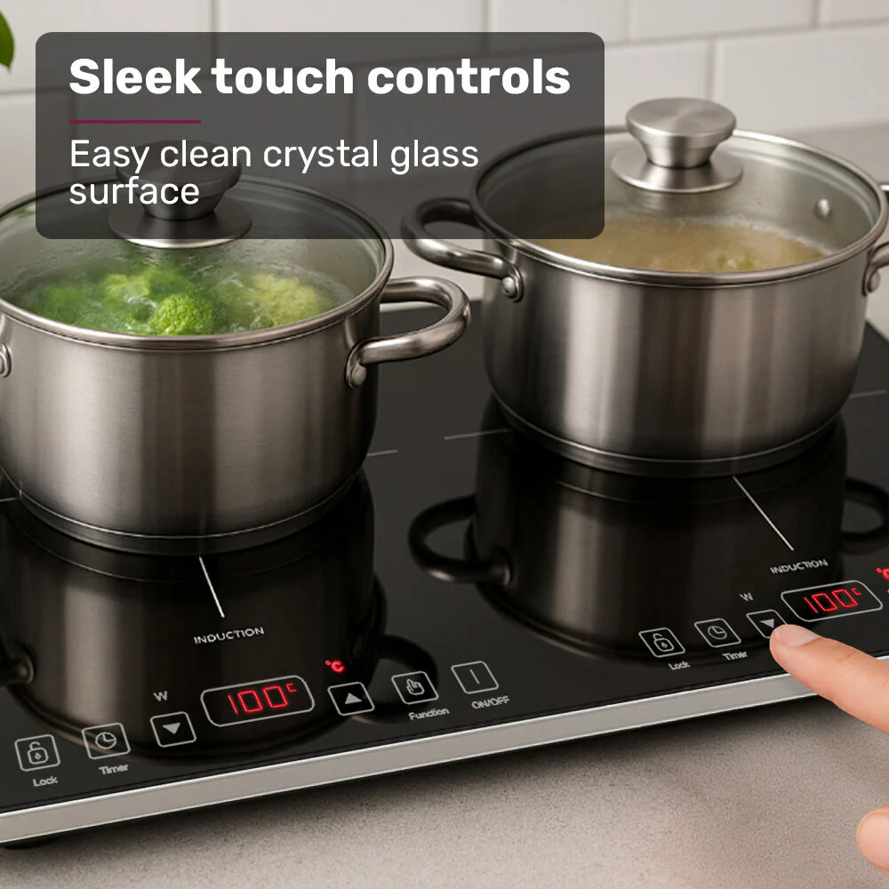 EUROCHEF Double Induction Cooktop, 9 Heat Levels, Fast Electric Portable Cooker, Touch Controls, Standard 10A Power Plug