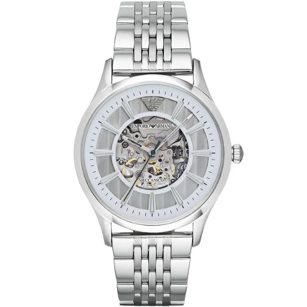 Emporio Armani Meccanico Skeleton Silver Dial Silver Steel Men's Watch AR1945