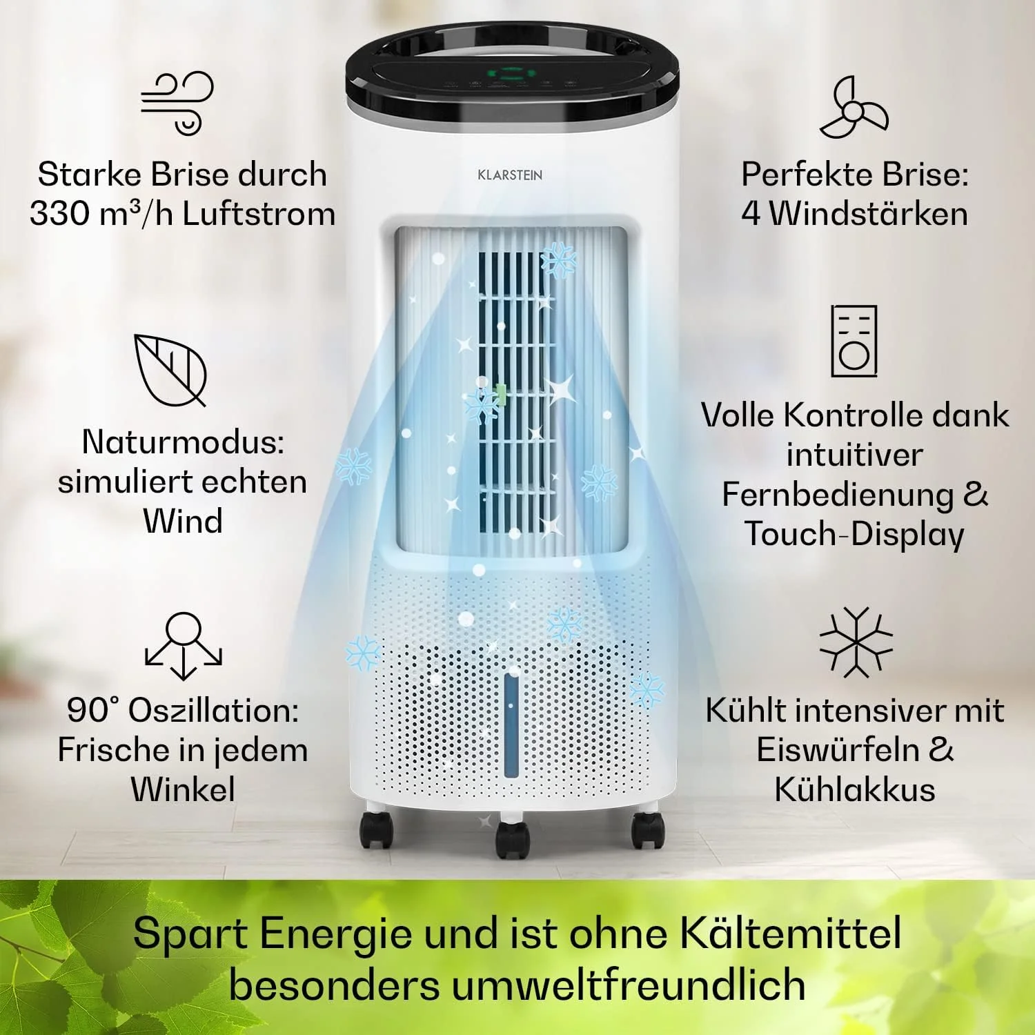 Klarstein Luftk��hler mit Wasserk��hlung, Leiser 4-in-1 Verdunstungsk��hler, Luftbefeuchter, Ventilator & Nachtmodus, Mobile Klimager?te Luftk��hler 7L, 65W Air Cooler, 330m3/h K��hlender Luftstrom
