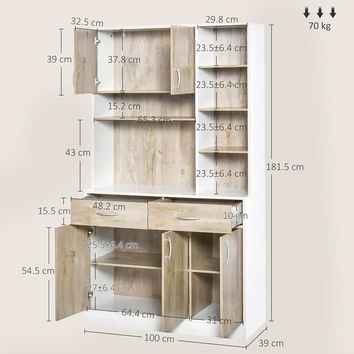 HOMCOM Mobile Buffet Dispensa Cucina, Ante Cassetti e Vani Aperti, 100L x 39P x 181.5Acm Bianco e Legno