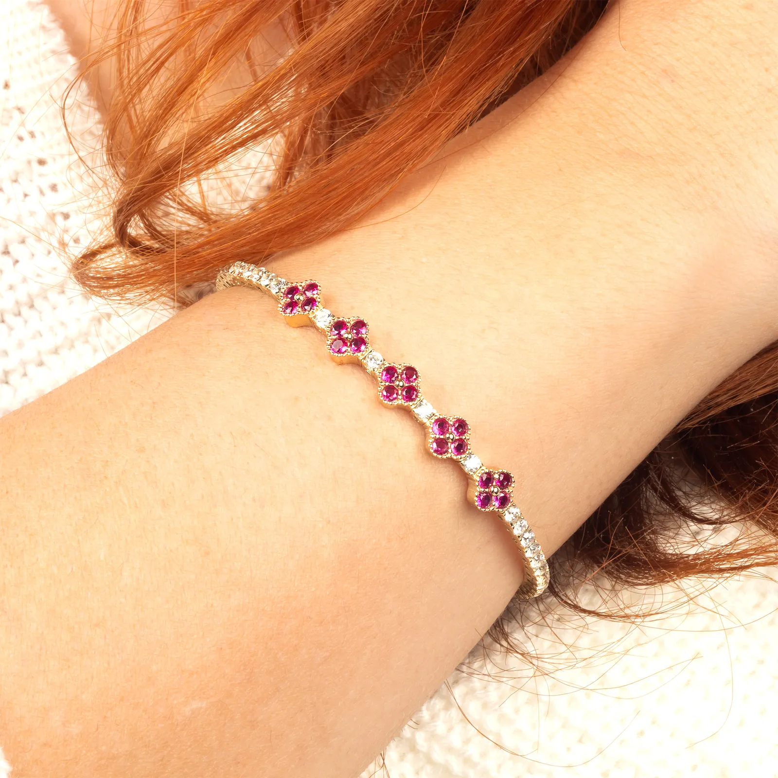 5 Ruby Clover 18K Gold Tennis Bracelet – Moissanite Flexible Bangle