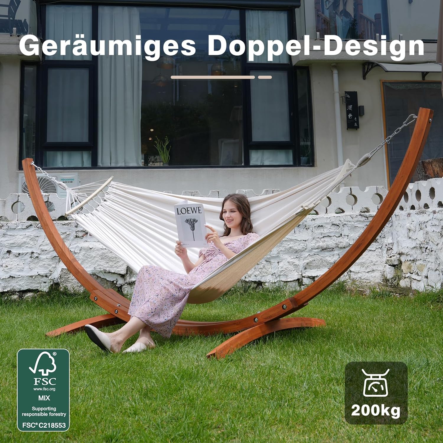 Hängematte mit Gestell, Mit 2 Hängematte, 200kg Belastbarkeit, Maße: 320x120x120 cm, Stabilem Bogengestell aus Massivkiefernholz, Für Garten, Terrasse und Balkon