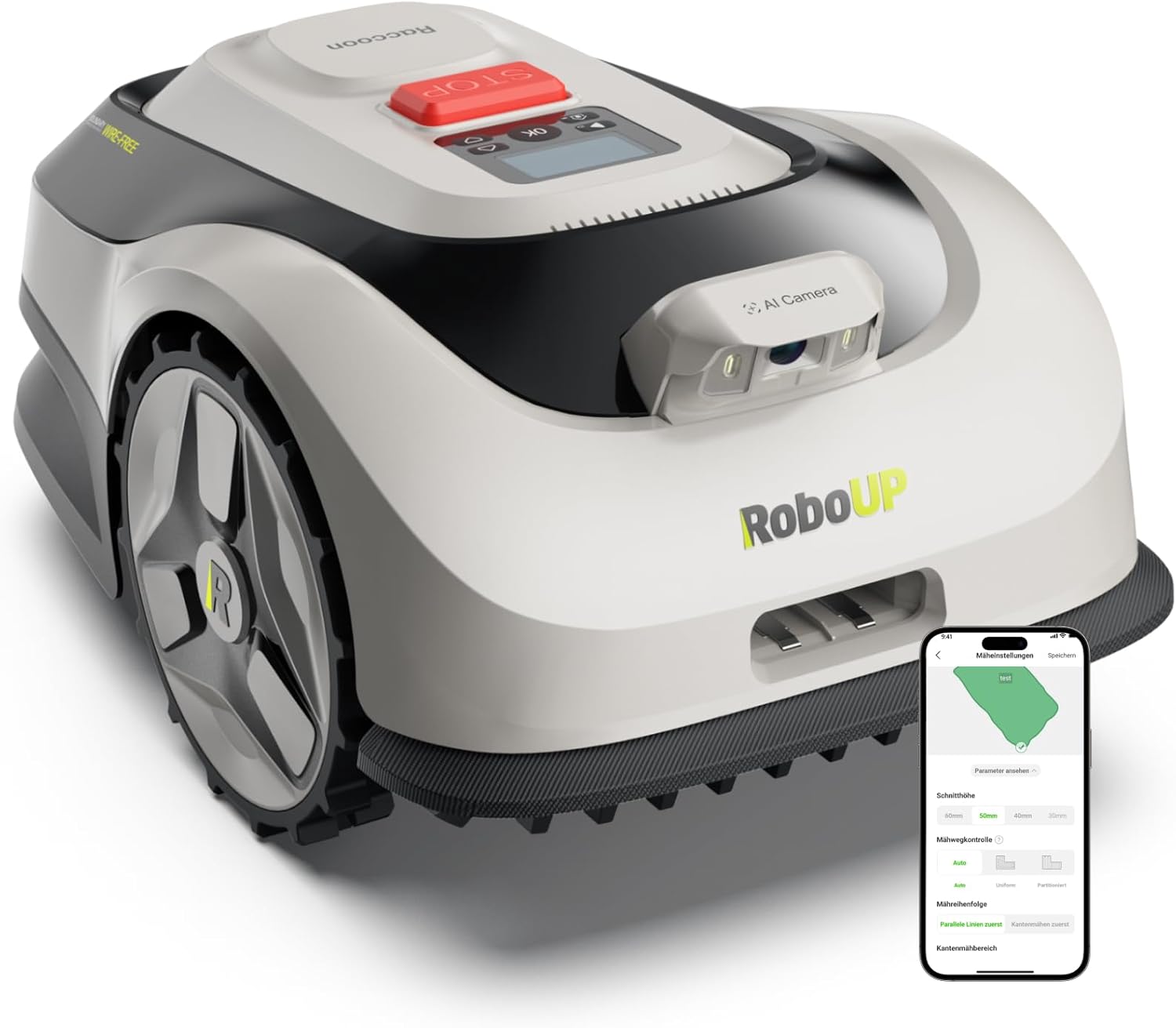 Raccoon 2 SE Mähroboter ohne Begrenzungskabel, Ohne RTK, Max. 600㎡ Rasenfläche, 3-8cm Schnitthöhe, Intelligenter KI Rasenmäher Roboter mit 5 Ah-Schnellladen-Akku, Automatisches Aufladen