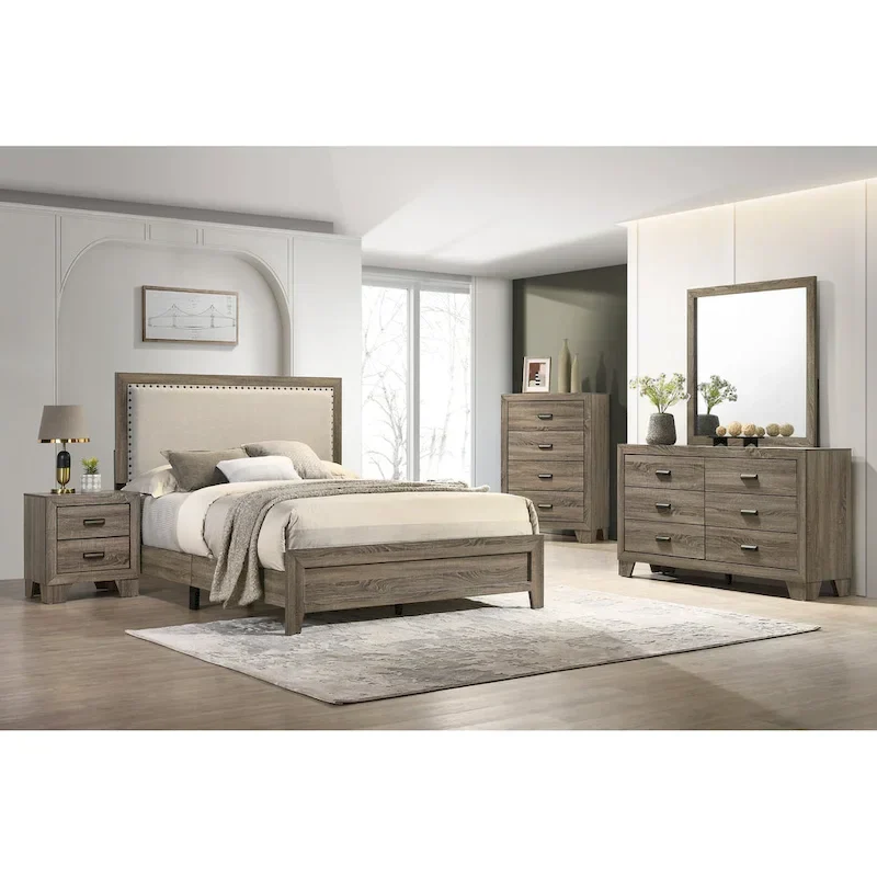 Linette 6-Piece Grey Contemporary Solid Wood and Veneer Upholstered Bedroom Set