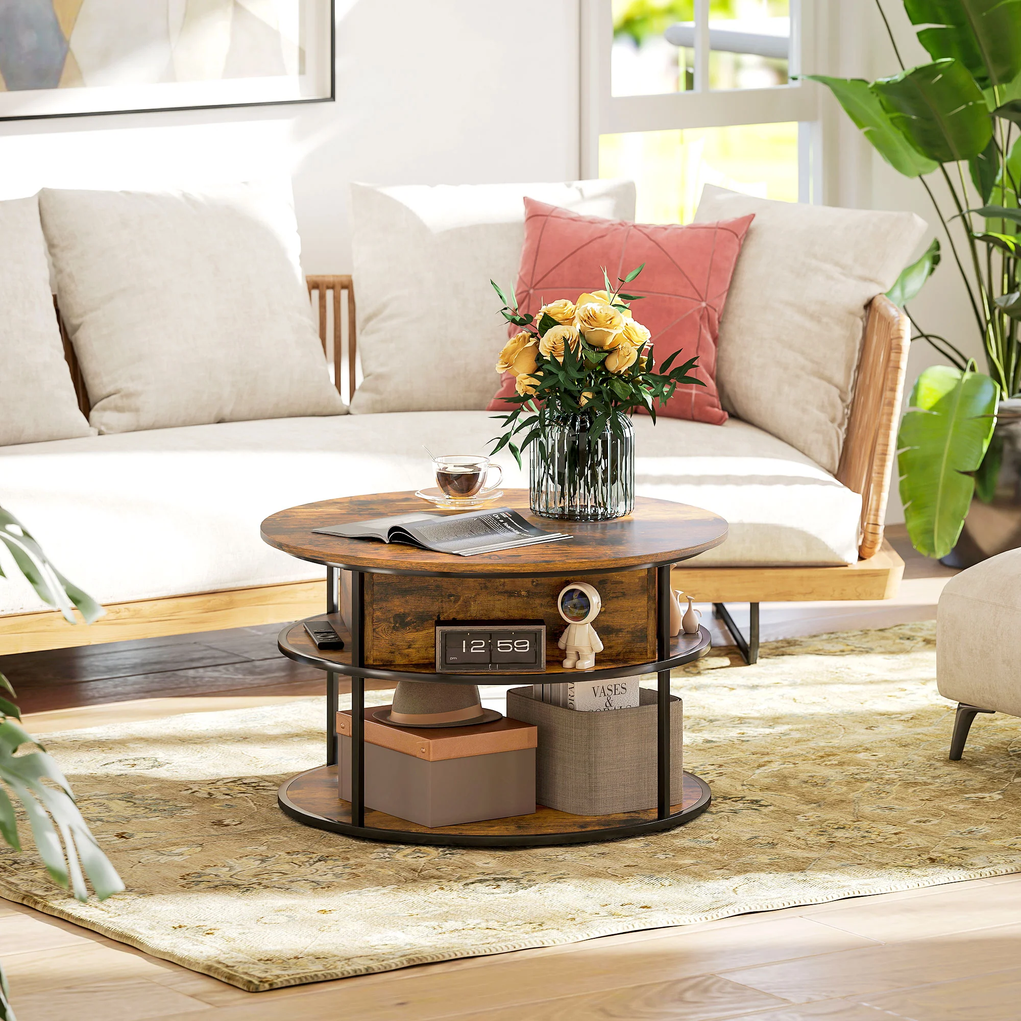 HOMCOM Ronde Koffietafel met Ophefbaar Tafelblad, Opbergruimte, Zijvakken, Stalen Frame, Salontafel, Bruin