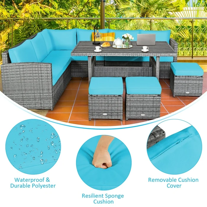 Eletriclife 7 Pcs Patio Rattan Dining Furniture Sectional Sofa Set with Table and Ottoman