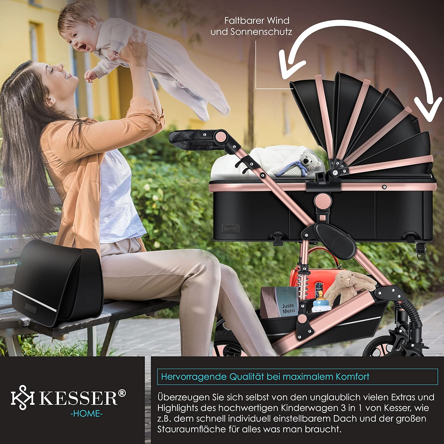 KESSER® Loops 3 in 1 Kinderwagen Kombikinderwagen Komplett-Set inkl. Babywanne & Buggy Sportsitz & Auto-Babyschale Voll-Gummireifen Wickeltasche Regenschutz Kindertisch ECE R129, Grau/Silber
