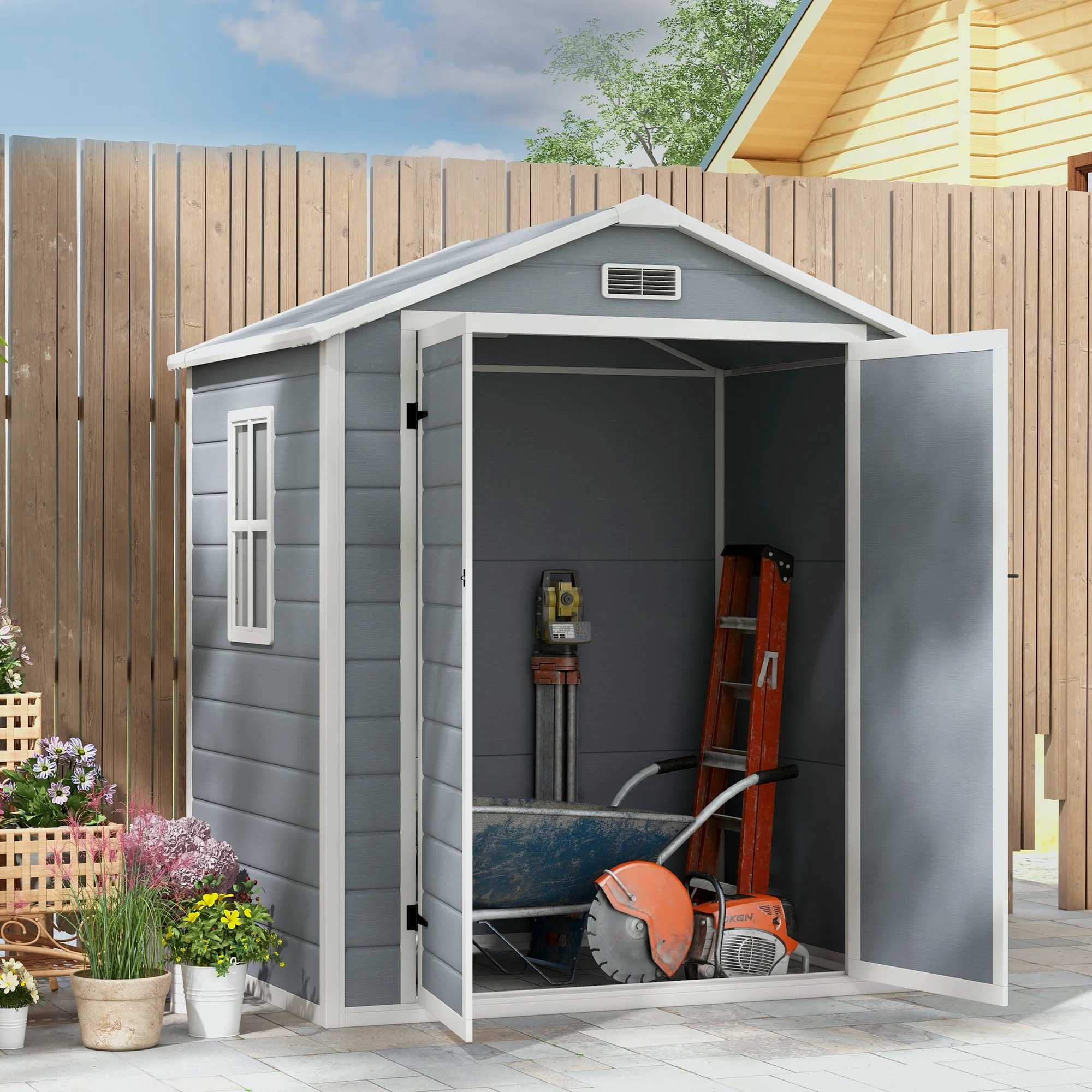 Outsunny Metalen Tuinschuur, afsluitbaar, Dubbele Deur, Raam, Aluminiumframe, 1,80 x 1,30 x 2,10 m, Grijs