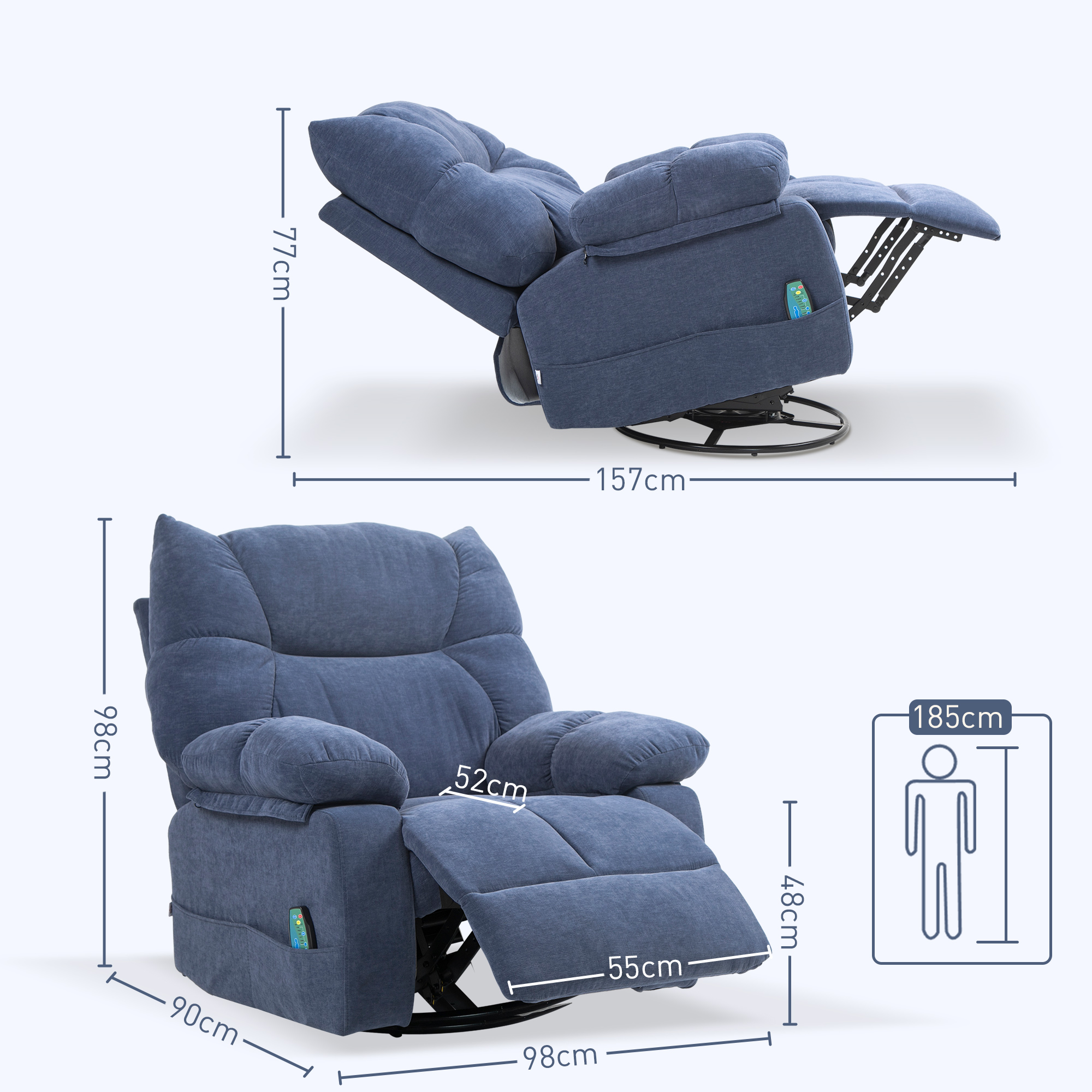 Massagestoel met Warmte- & Ligfunctie, Draaibaar, tot 150 kg, Metalen Frame, 98x90x98cm, Blauw