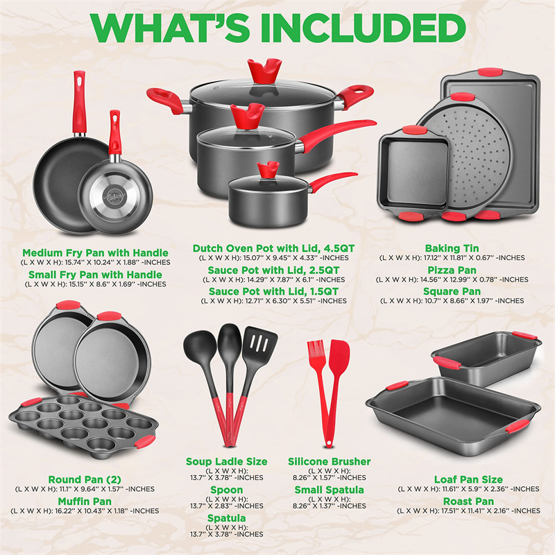 21-Piece Non-Stick Cookware Set with Red Silicone Handles – Oven Safe, Includes Saucepans, Dutch Oven, Frypans, and Baking Pans