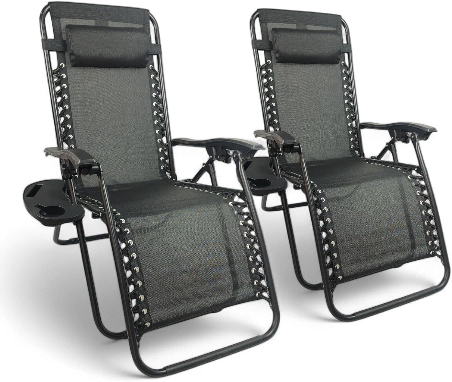 Pincho Tumbona Jardin Exterior Plegable de Gravedad Cero - Pack 2 Sillas Reclinables o Hamacas para Playa, Terraza y Camping con Portavasos, Ligeras y Cómodas (Negro)