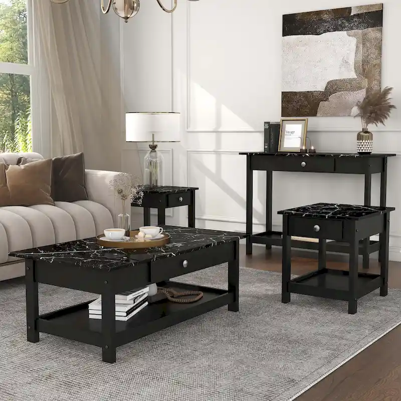 Denhour DH BASIC 4-Piece Open-Shelf Coffee Table Set with Drawer in Transitional Rubberwood
