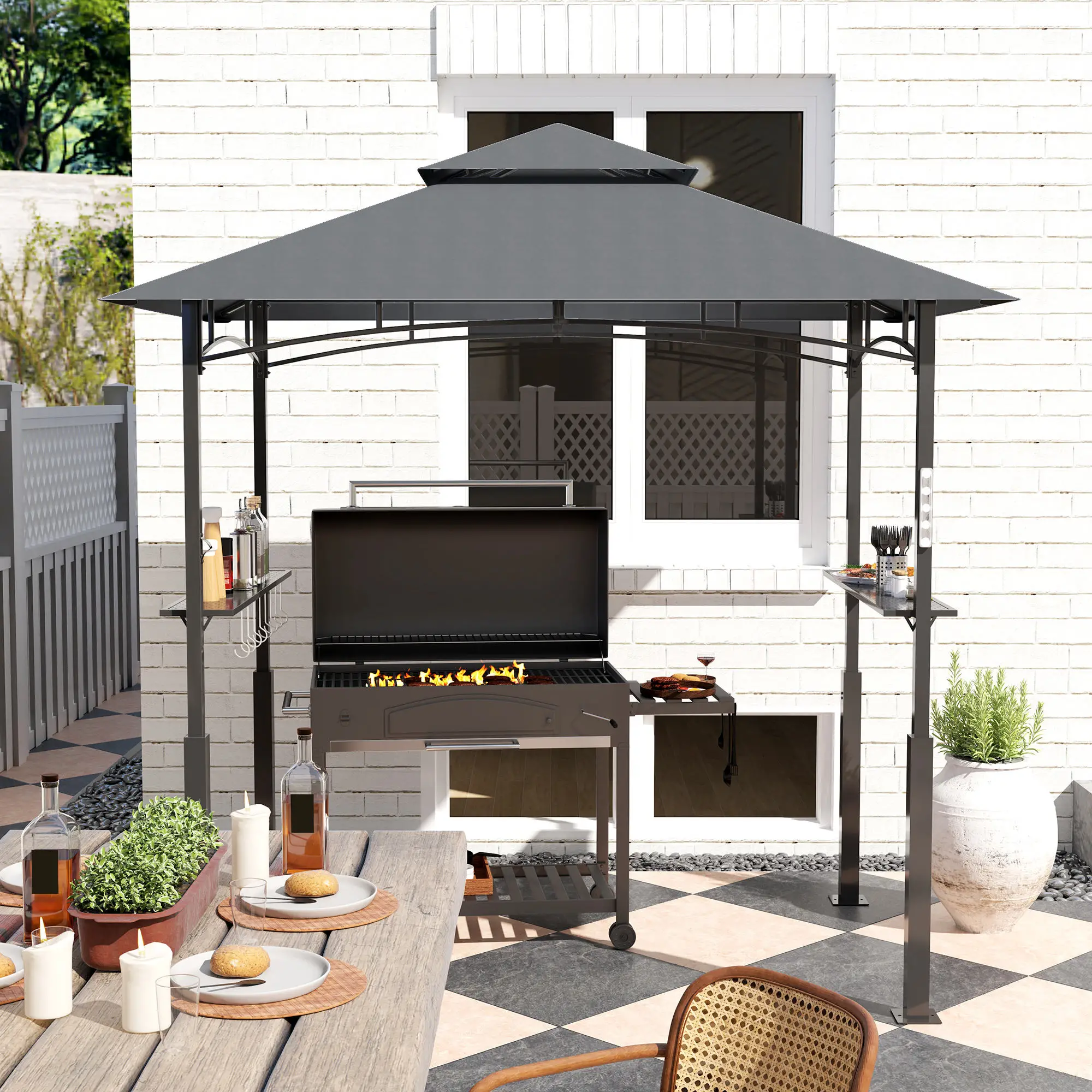 Outsunny Grillpavillon doppelschichtiges Vordach LED-Licht