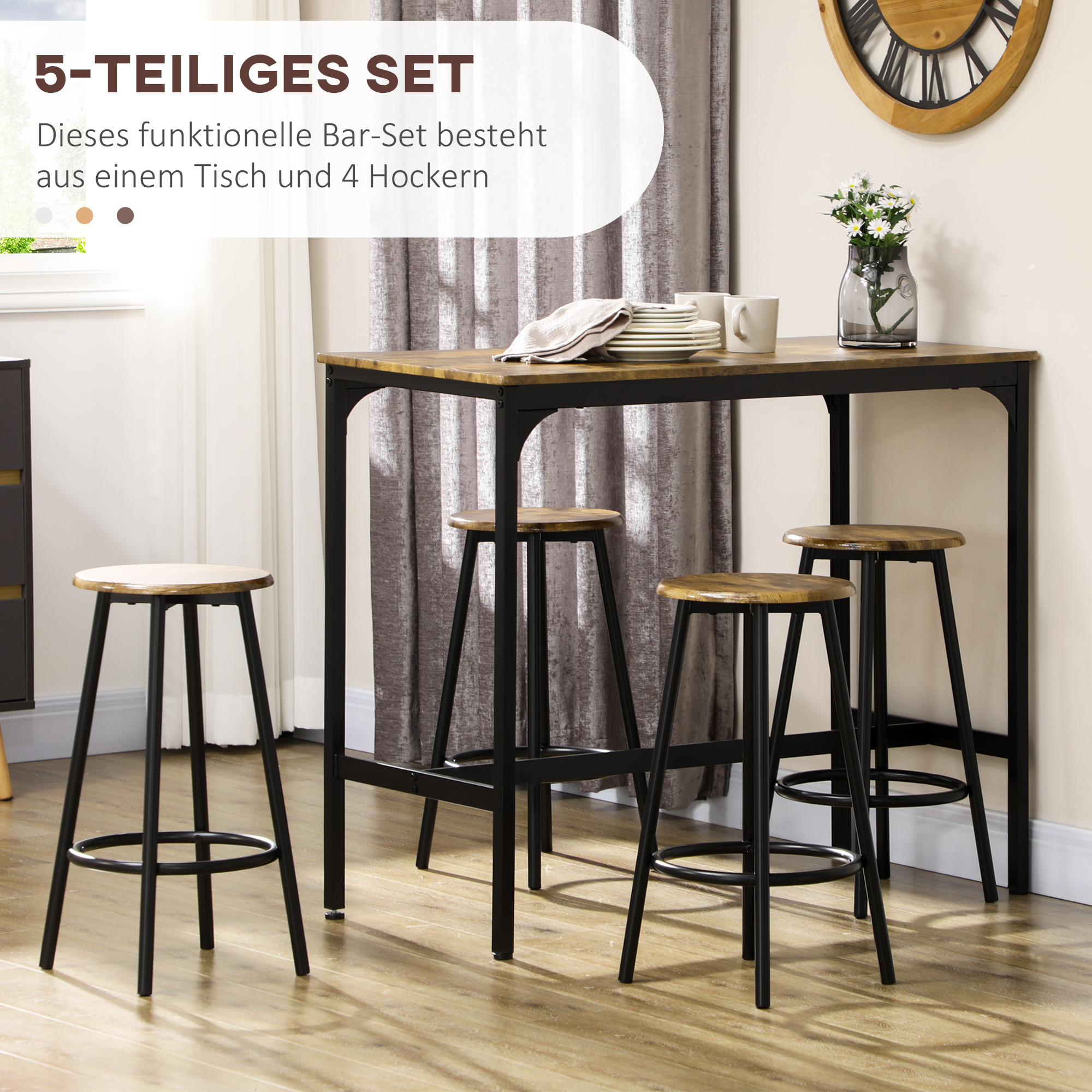 5-delig. Bartafelset met industrieel design, 1 bartafel, 4 barkrukken, bankstel, aanrecht, zwart+bruin