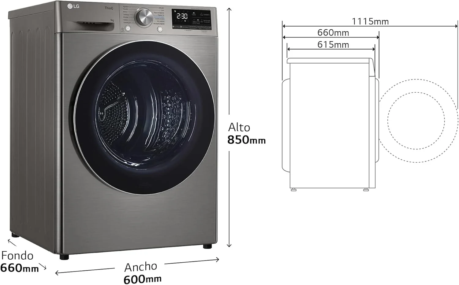2026 RH90V9PV2N Secadora de Ropa, 9Kg, Bomba de Calor Dual Invert, Carga Frontal, Clasificación C, Sensor de Secado, Serie 900, Inox Antihuellas