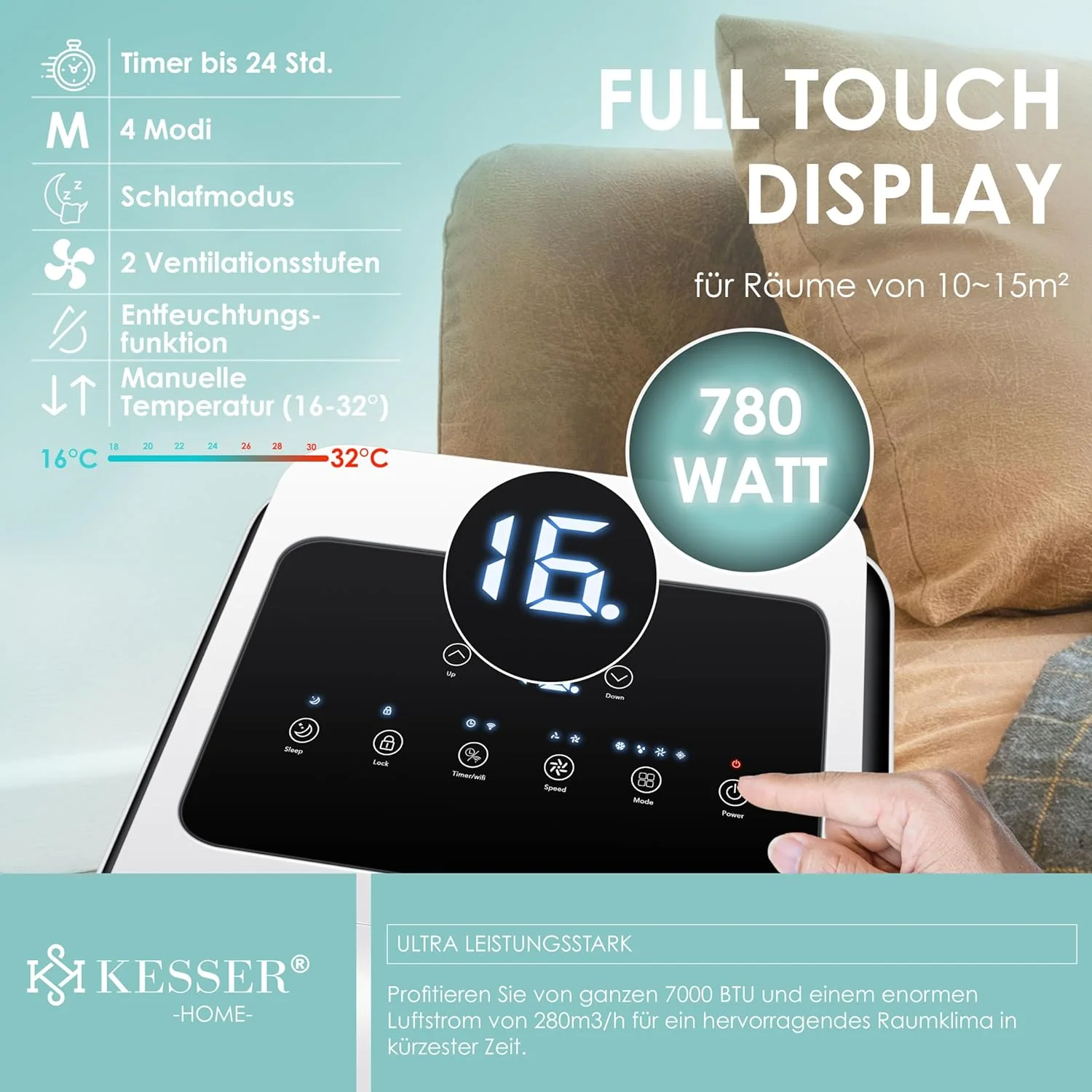 KESSER? Mobiele airco 4-in-1 koelen | Luchtontvochtiger ventileren | Ventilator 9000 BTU/u 1005W | Mobiele airconditioning met montagemateriaal, afstandsbediening & timer | Nachtmodus & 360�� wielen