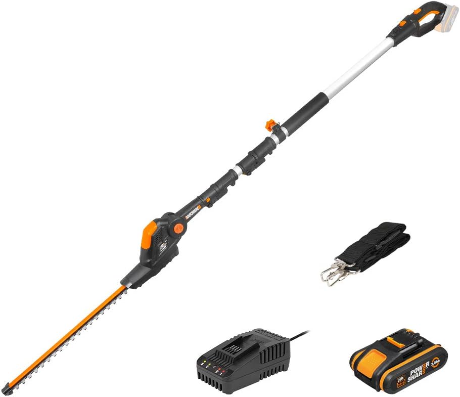Worx 18V(20V MAX) Tagliasiepi telescopico a batteria WG252E, 2,0Ah, PowerShare, lame diamantate tagliate al laser, caricabatterie rapido da 1 ora