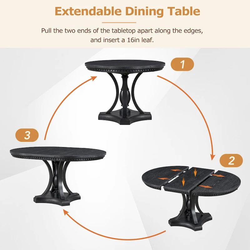 Black 5-Piece Wooden Dining Table Set with Extendable Round Table & 4 Armchairs