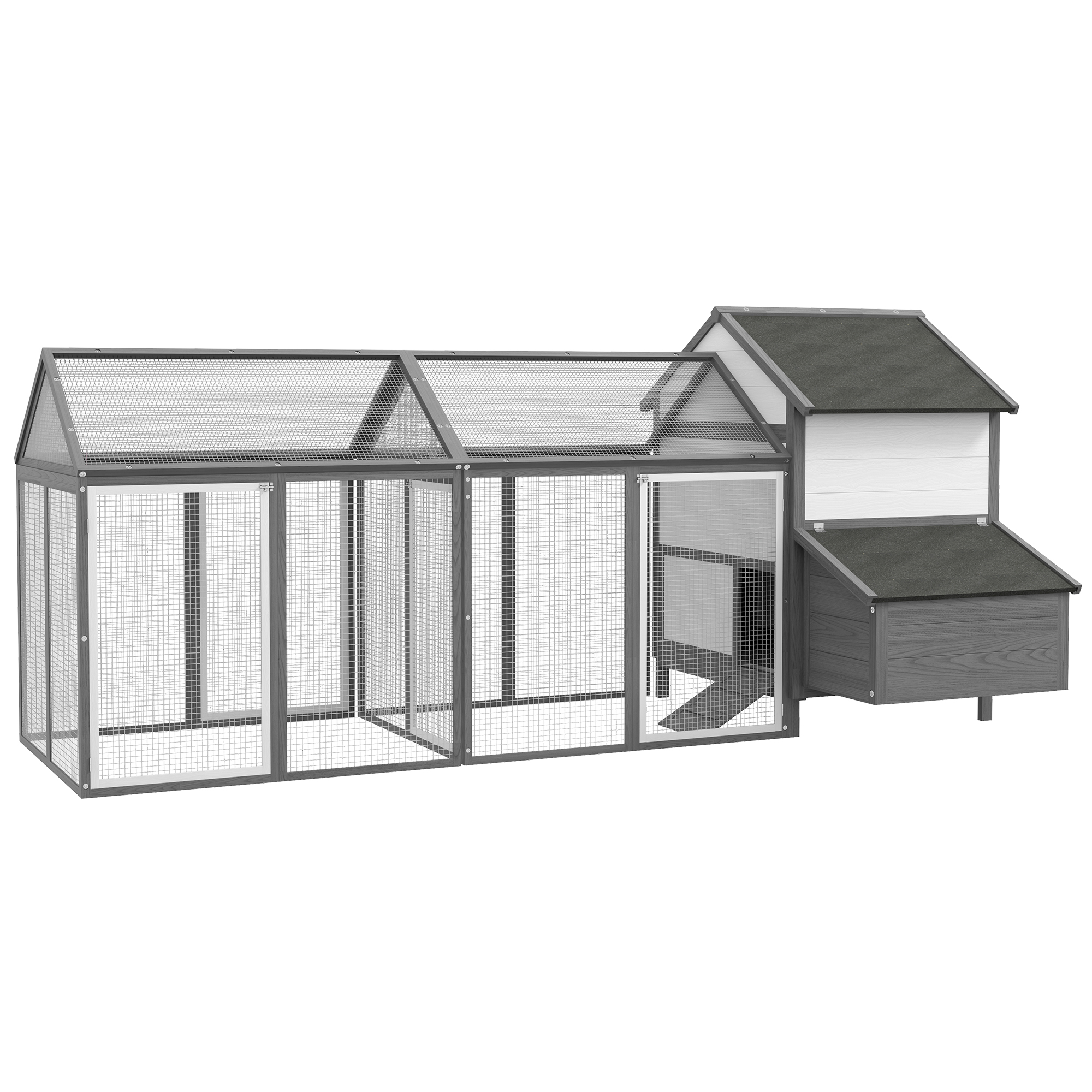 PawHut Kippenhok Konijnenhok 2 Buitenkooien, 1 Nestkast, 2 Ramps, Asfaltdak, Weerbestendig, Grijs