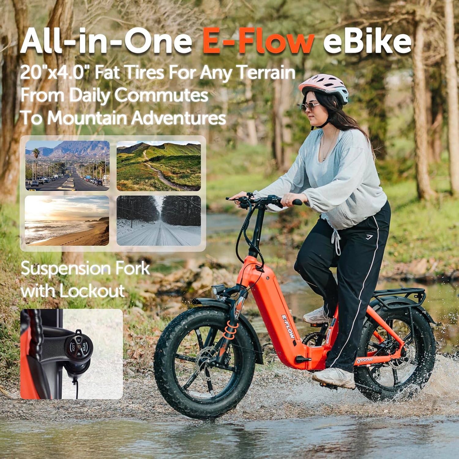 SDU 750W Peak 1000W Folding Ebike, Young Electric Bike E-Flow 48V/20Ah Hidden Removable Battery, Up to 90 Miles 28 Mph, 20''x4.0'' Fat Tire Commute Moutain Fast Cargo E-Bike for Adults